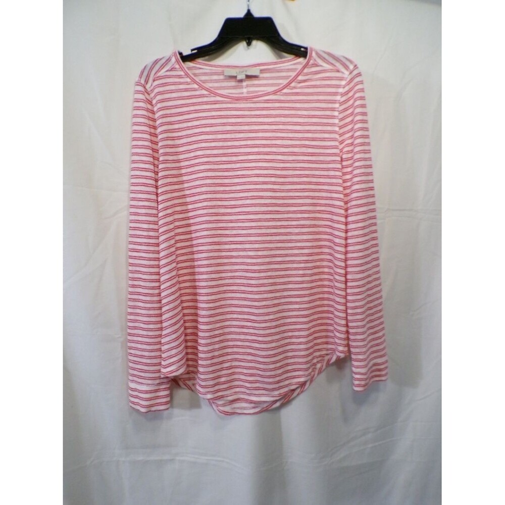 LOFT Women's M Pink White Striped Long Sleeve Crewneck T-Shirt